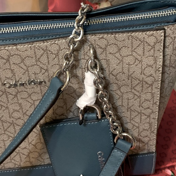 CALVIN KLEIN Blue Brown Khaki SHOULDER TOTE BAG - Picture 3 of 8